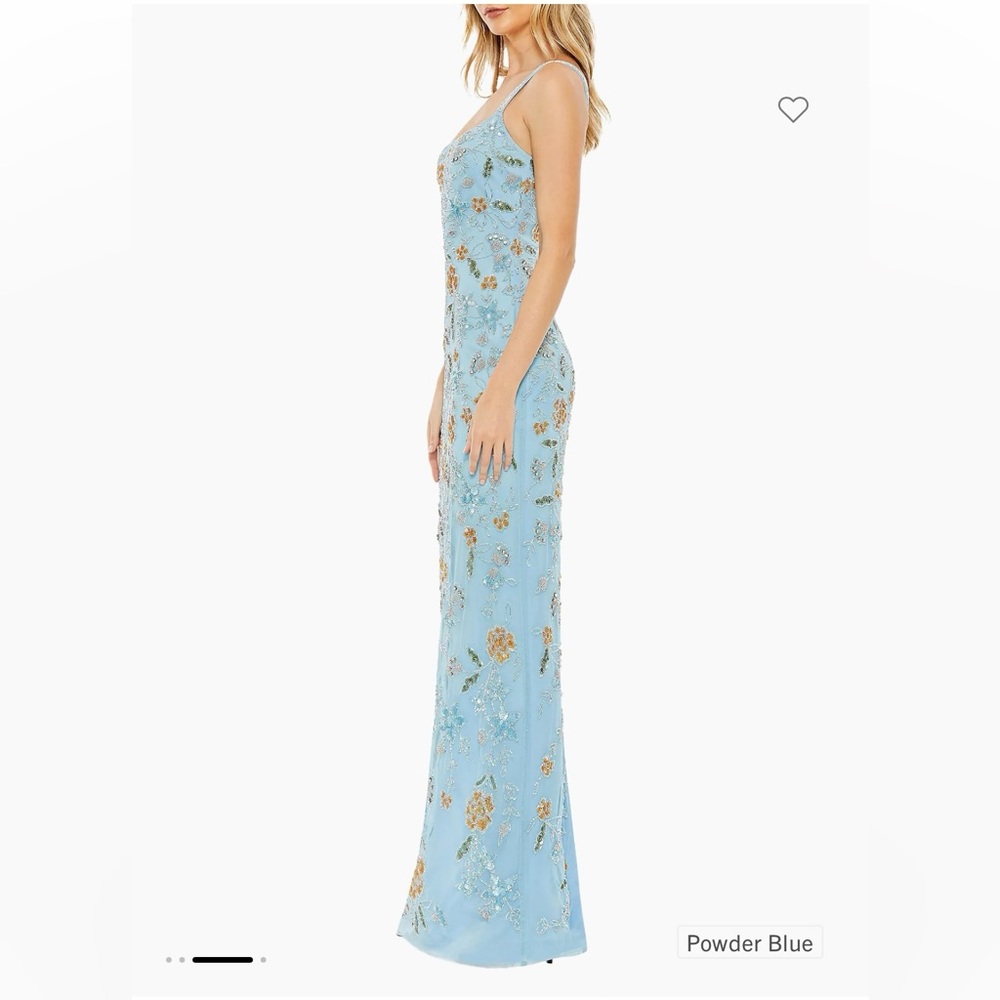 Hand beaded powder blue Mac Duggal gown. Never been worn, new with tags.